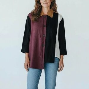 Vintage Carole Tomkims Women’s Linen Button Down Colorblock top L the big shirt